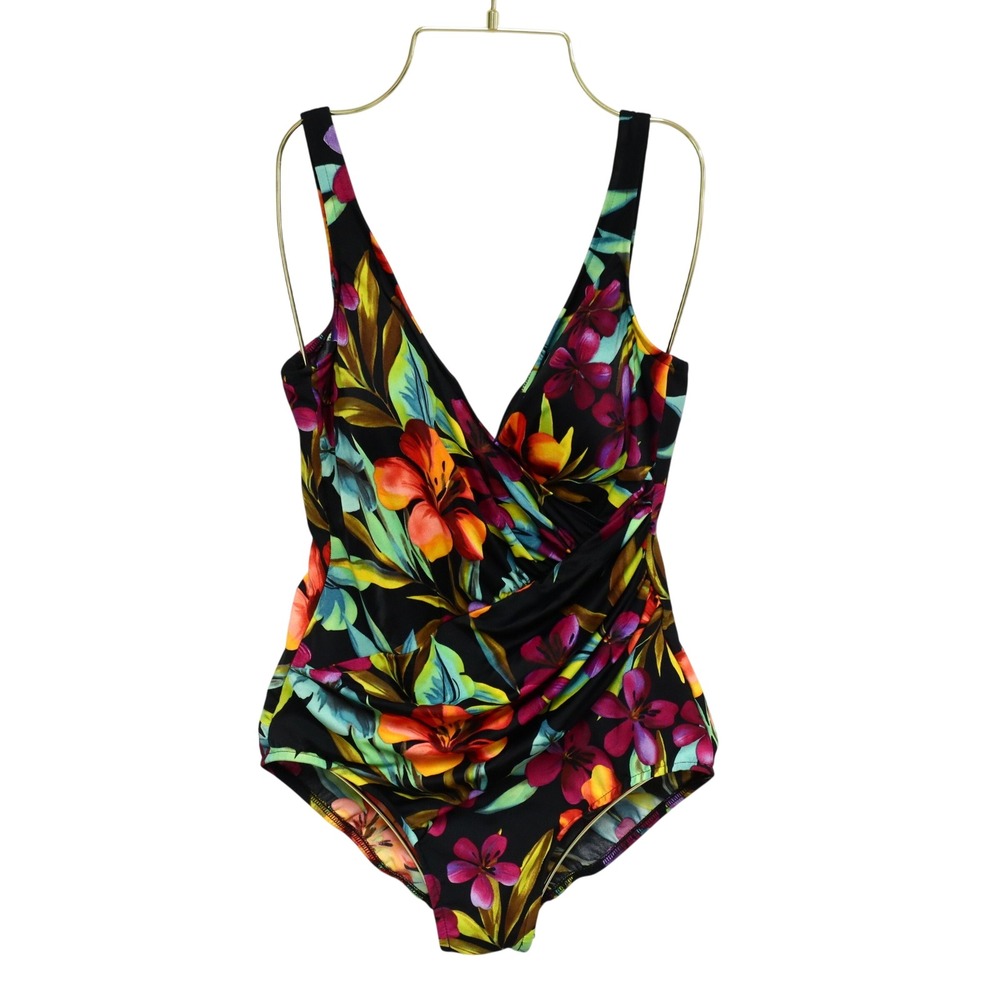 Miraclesuit Tropical Wrap Ruched One Piece Swimsuit 12 Floral Multi Slimming